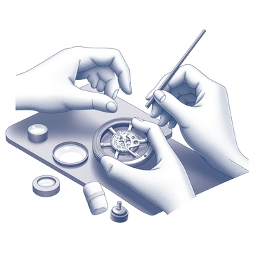 A close-up view of a watchmaker's hands working diligently on a timepiece. The watch is open, revealing intricate gears and mechanisms inside. One hand is adjusting a small screw, while the other hand holds a pair of tweezers carefully positioning a miniature wheel. The watch face is partially obscured, but the delicate craftsmanship is evident in the polished metal components. Tools like a magnifying glass and a small oil can are visible on the workbench nearby, emphasizing the meticulous nature of the repair process.