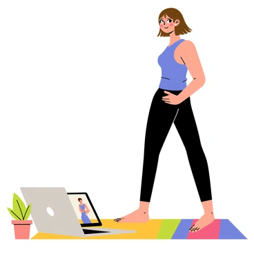 A person with medium-length brown hair is performing a standing side crunch. They are wearing a blue tank top and black leggings, showing a focused expression. In front of them, there is a silver laptop open on a wooden floor, displaying a virtual fitness instructor demonstrating the exercise. The background includes a small potted plant to the side and a colorful exercise mat underneath. The setting has good lighting, highlighting the person's movement.