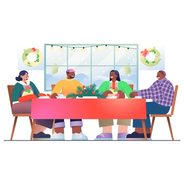A group of six people is seated around a large wooden dining table, enjoying a festive holiday dinner. The table is adorned with a red tablecloth and decorated with a centerpiece of evergreen branches and bright red berries. Each place setting has elegant white plates, shiny silverware, and festive napkins. The people include two women with dark hair wearing colorful sweaters and two men in plaid shirts, all smiling and engaged in conversation. Behind them, the dining room is warmly decorated with string lights hanging from the ceiling and festive wreaths on the walls. A large window reveals a snowy scene outside, adding to the cozy atmosphere.