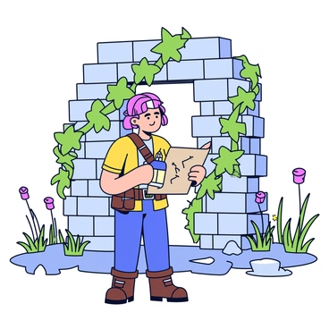 A hero wearing rugged adventurer clothing stands in front of ancient ruins made of weathered stone blocks. The ruins are partially obscured by thick, green vines that drape down and wrap around the structure. The hero holds a worn map in one hand and a small lantern in the other, casting a soft glow on the surroundings. Surrounding the ruins are tall grasses and scattered wildflowers, adding to the sense of a forgotten place. A faint mist clings to the ground, enhancing the atmosphere of mystery.