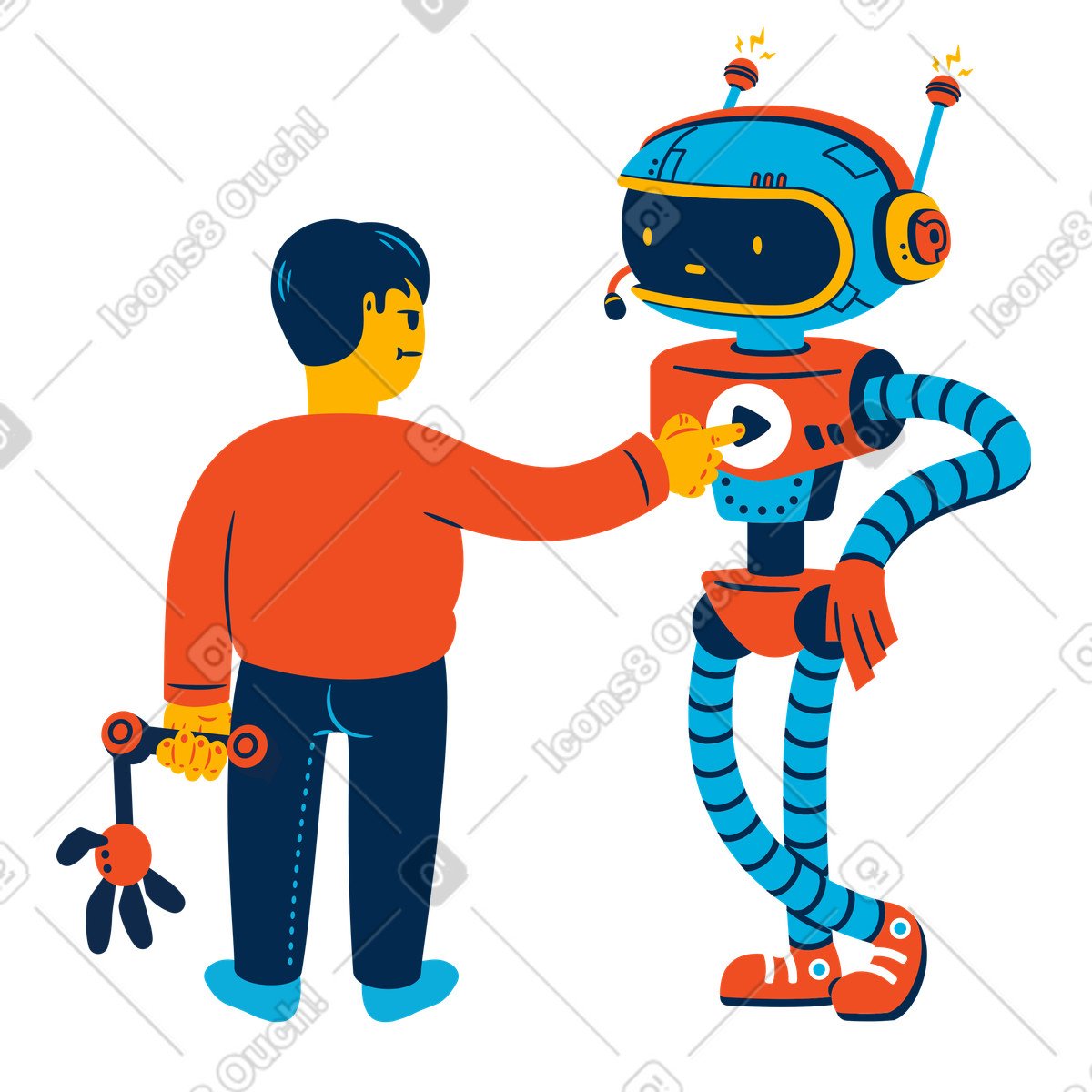 Man launching a robot by pressing a button illustration in PNG, SVG