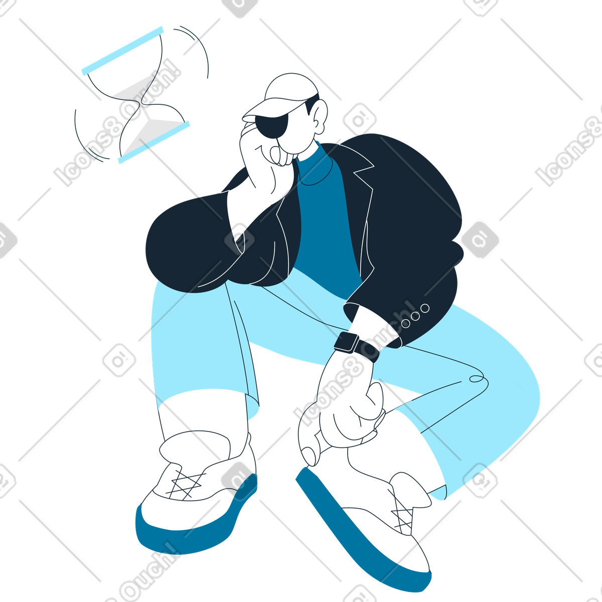 Man sitting and waiting with hourglass illustration in PNG, SVG