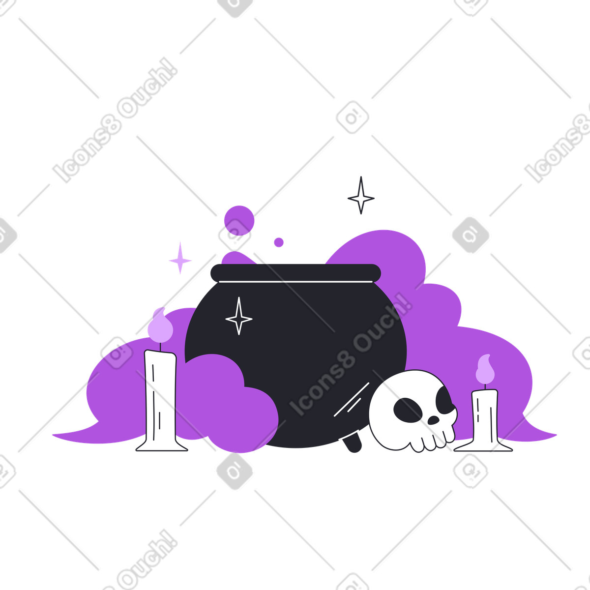 Potion in cauldron, skull, and candles illustration Grapy style download PNG, SVG