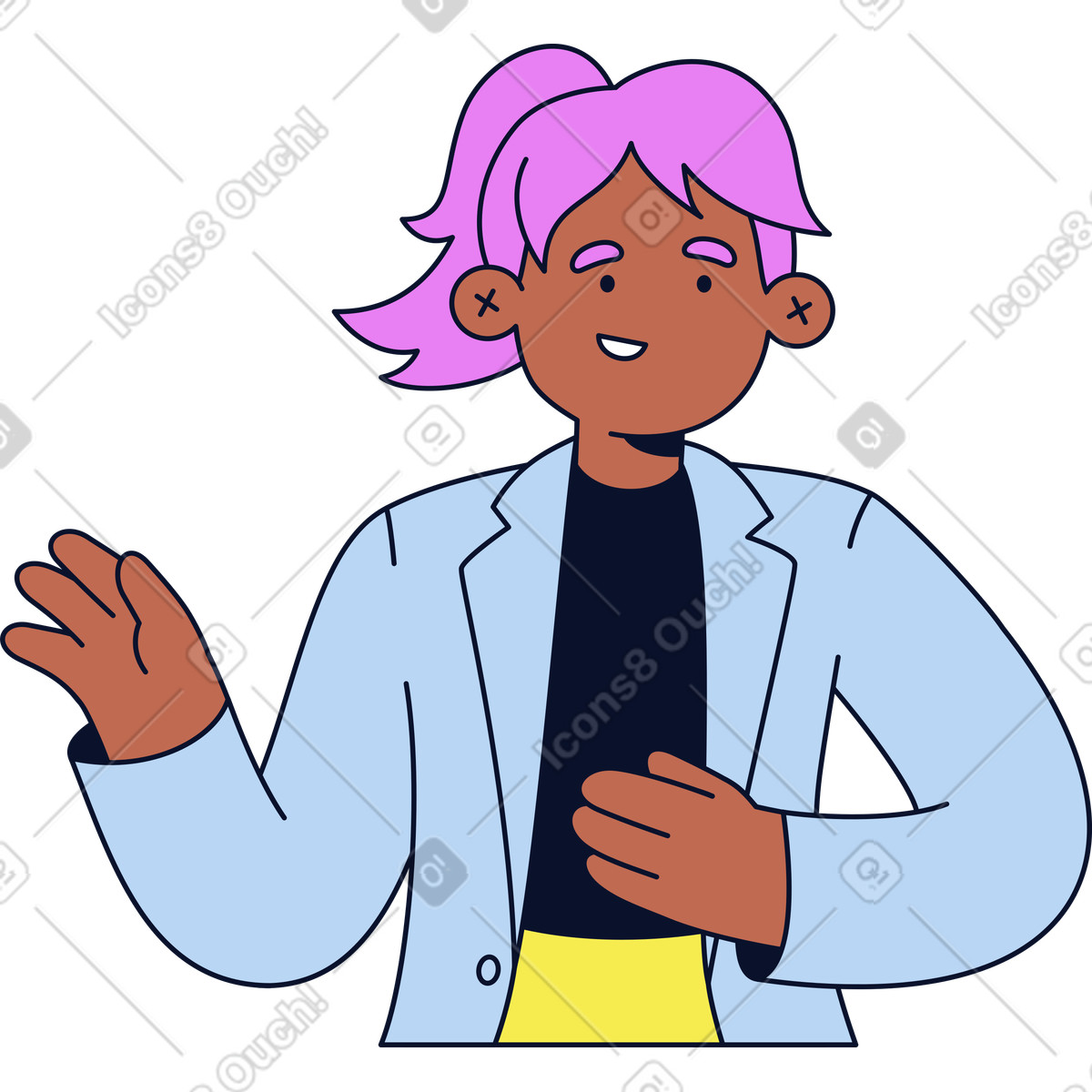 Illustration Femme parlant et montrant quelque chose dans le style Flexy à télécharger aux formats PNG, SVG