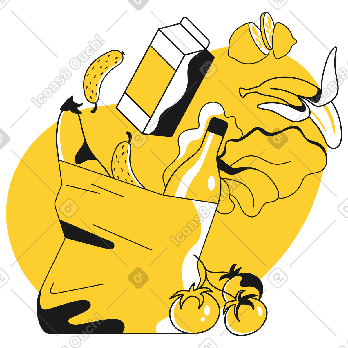 Fresh produce and milk carton overflowing from grocery bag illustration in Taxi style download in PNG, SVG