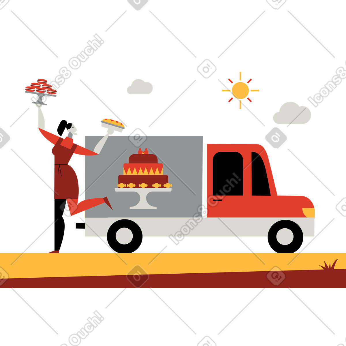 Ilustração de Serviço buffet, mulher entregando sobremesas em no estilo Burgundy para baixar em PNG, SVG