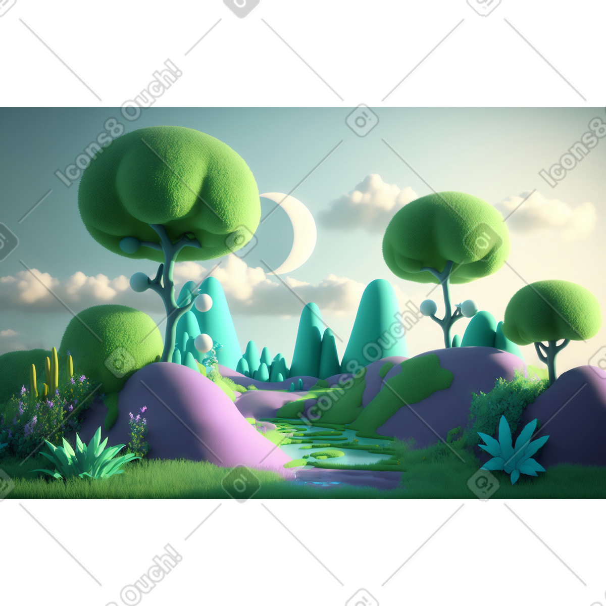 3D fantasy forest background illustration in Experimental style download in PNG, SVG