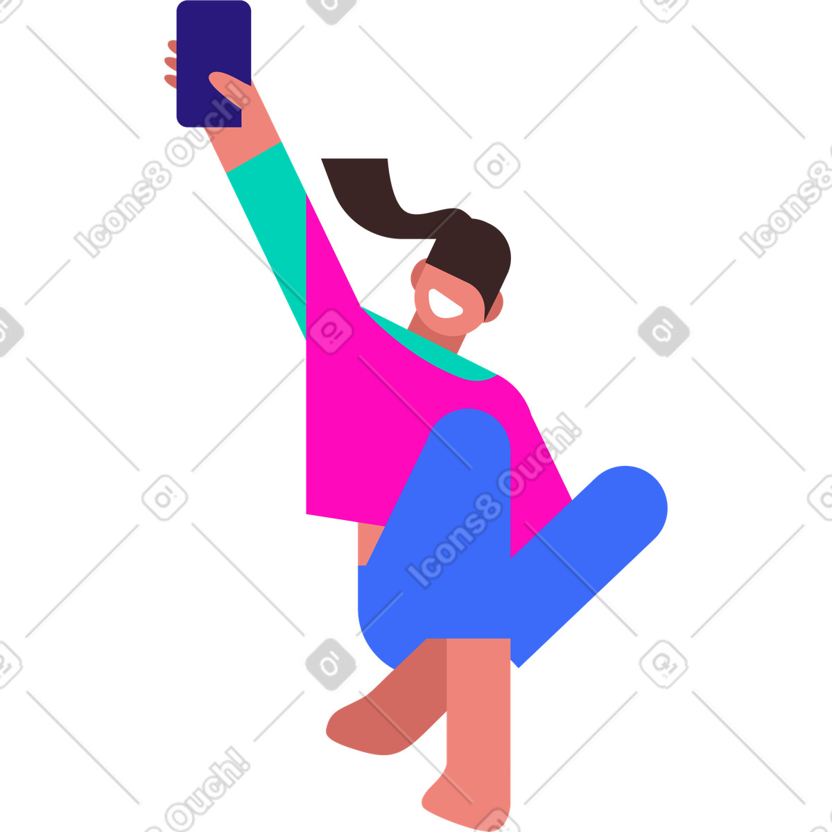 Illustration Jeune femme heureuse avec un smartphone dans la main levée le style Basic à télécharger aux formats PNG, SVG