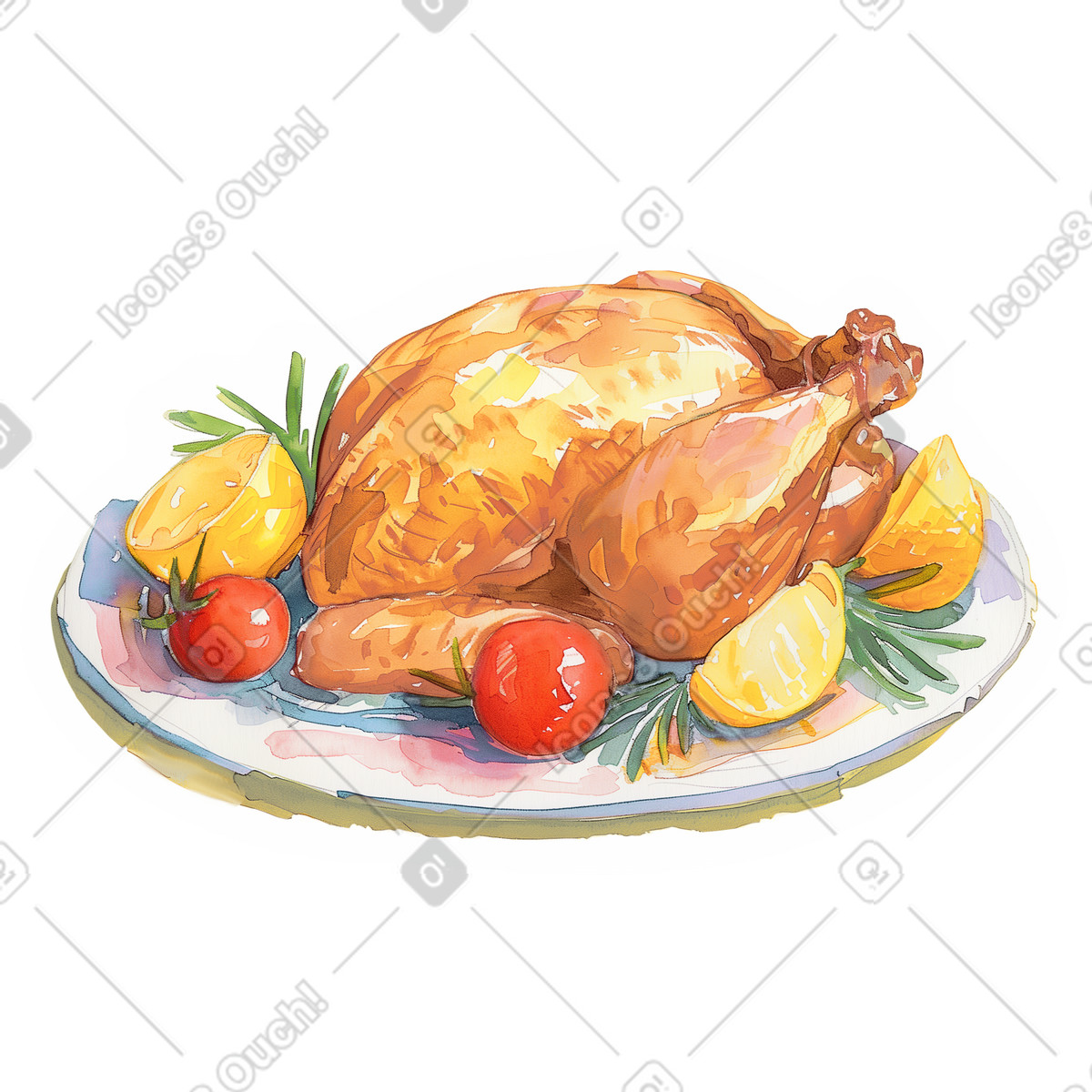 Grilled chicken on a platter illustration in Watercolor style download in PNG, SVG