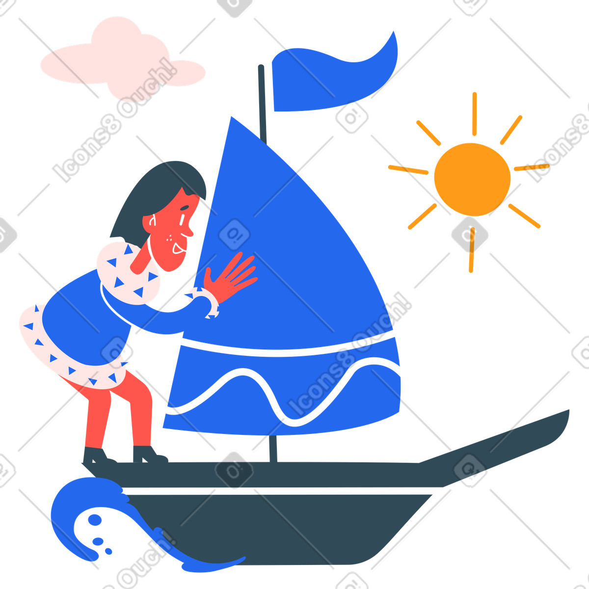 Mann segelt auf einem segelboot über das meer-Illustration im Kingdom-Stil als Download in PNG, SVG