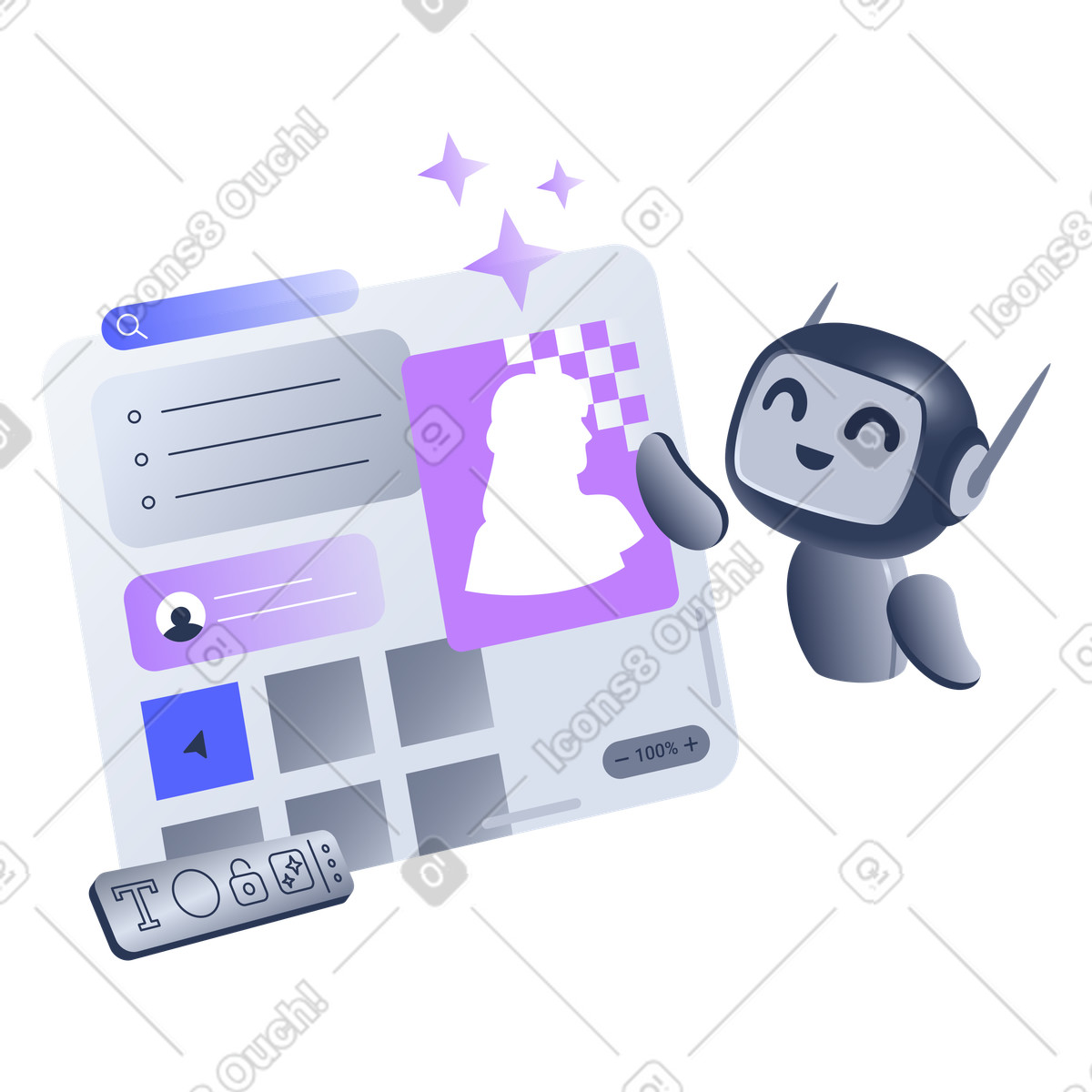 Illustration Assistant ia sur interface de tableau blanc numérique, outil collaboration intelligent pour les équipes créatives, robot améliorant le contenu visuel en ligne dans style Lucent à télécharger aux formats PNG, SVG