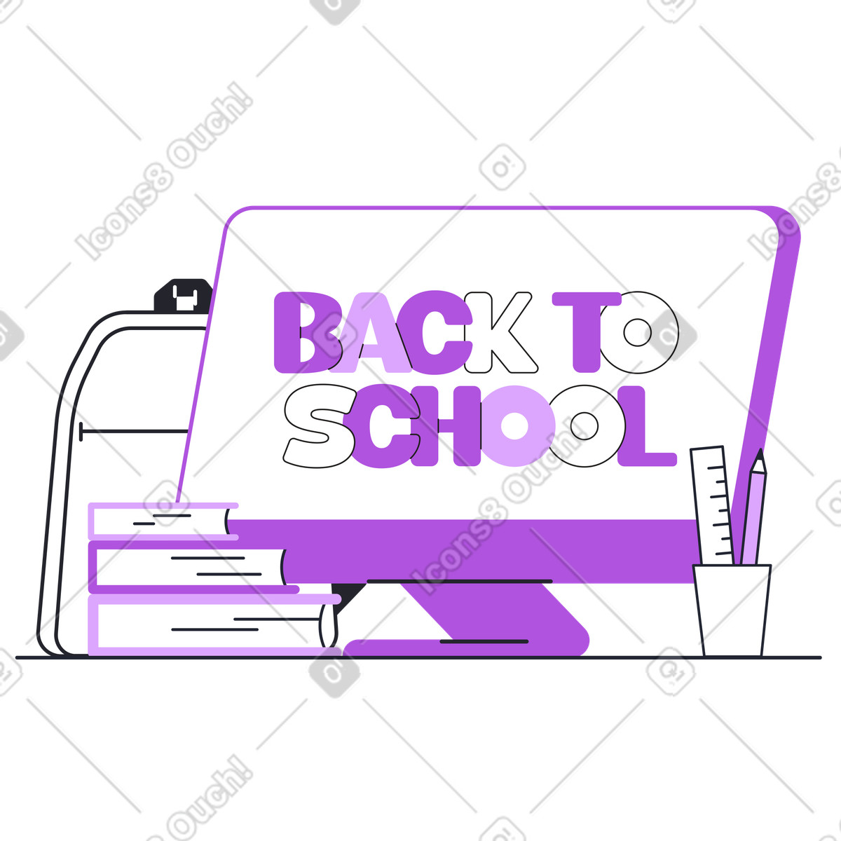 Back to school text on digital screen surrounded by items, Education and academic readiness illustration in Grapy style download in PNG, SVG