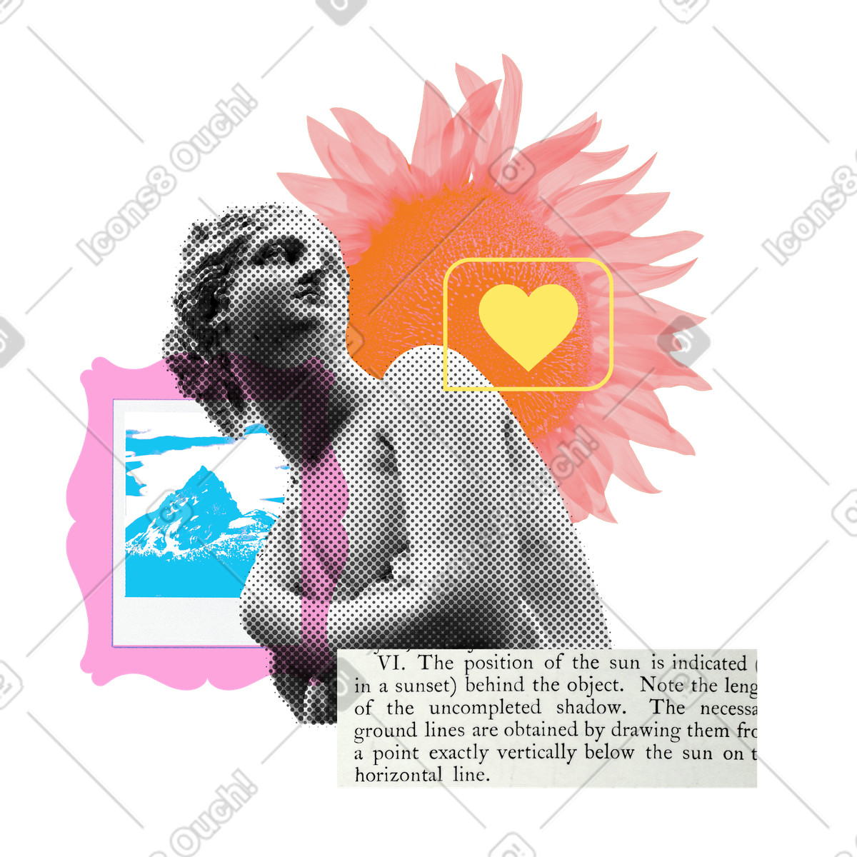 Collage with statue and sunflower representing classic fiction illustration in PNG, SVG