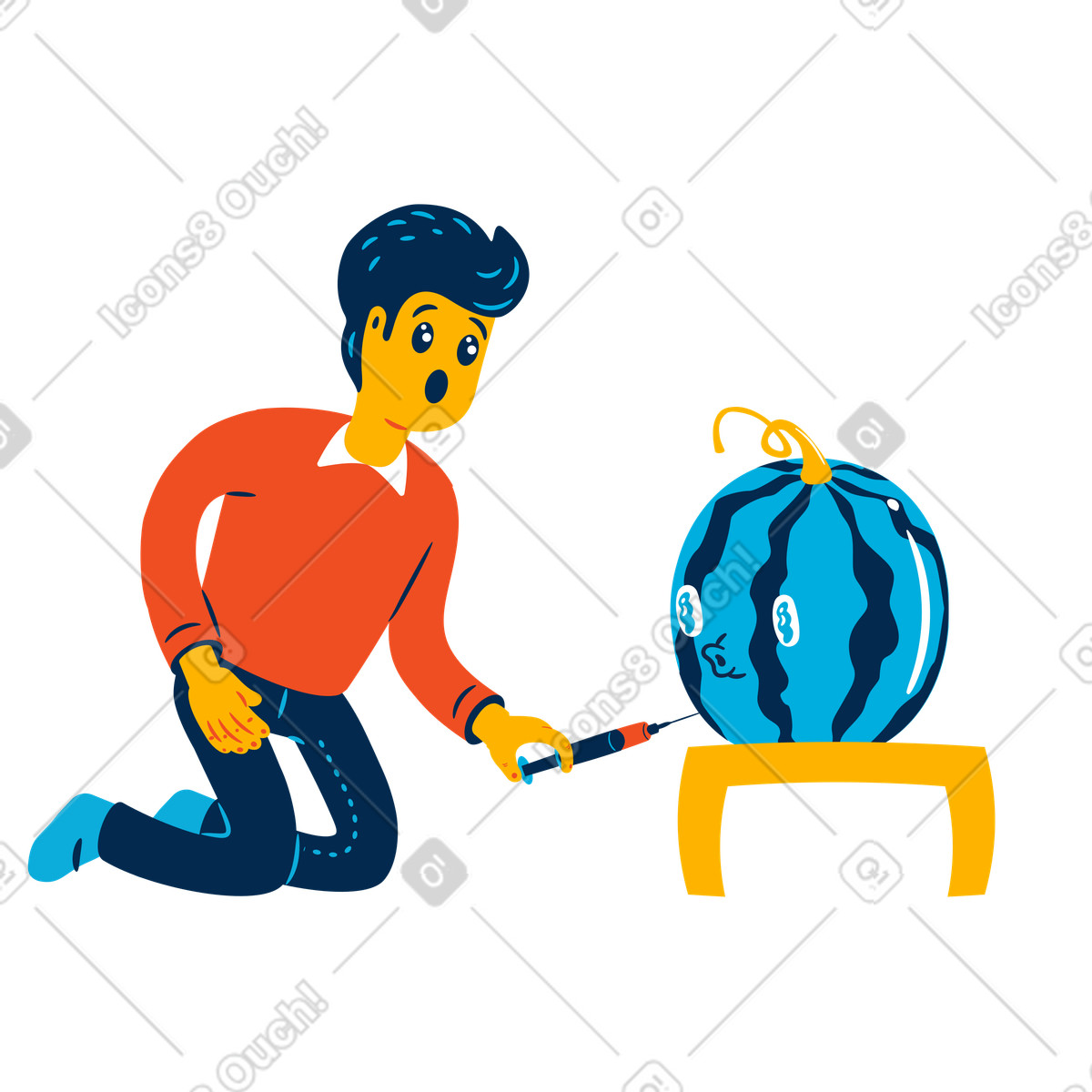 下载 Flame 风格的 兴奋的男人将转基因生物注射到西瓜中 插画，支持 PNG、SVG 格式