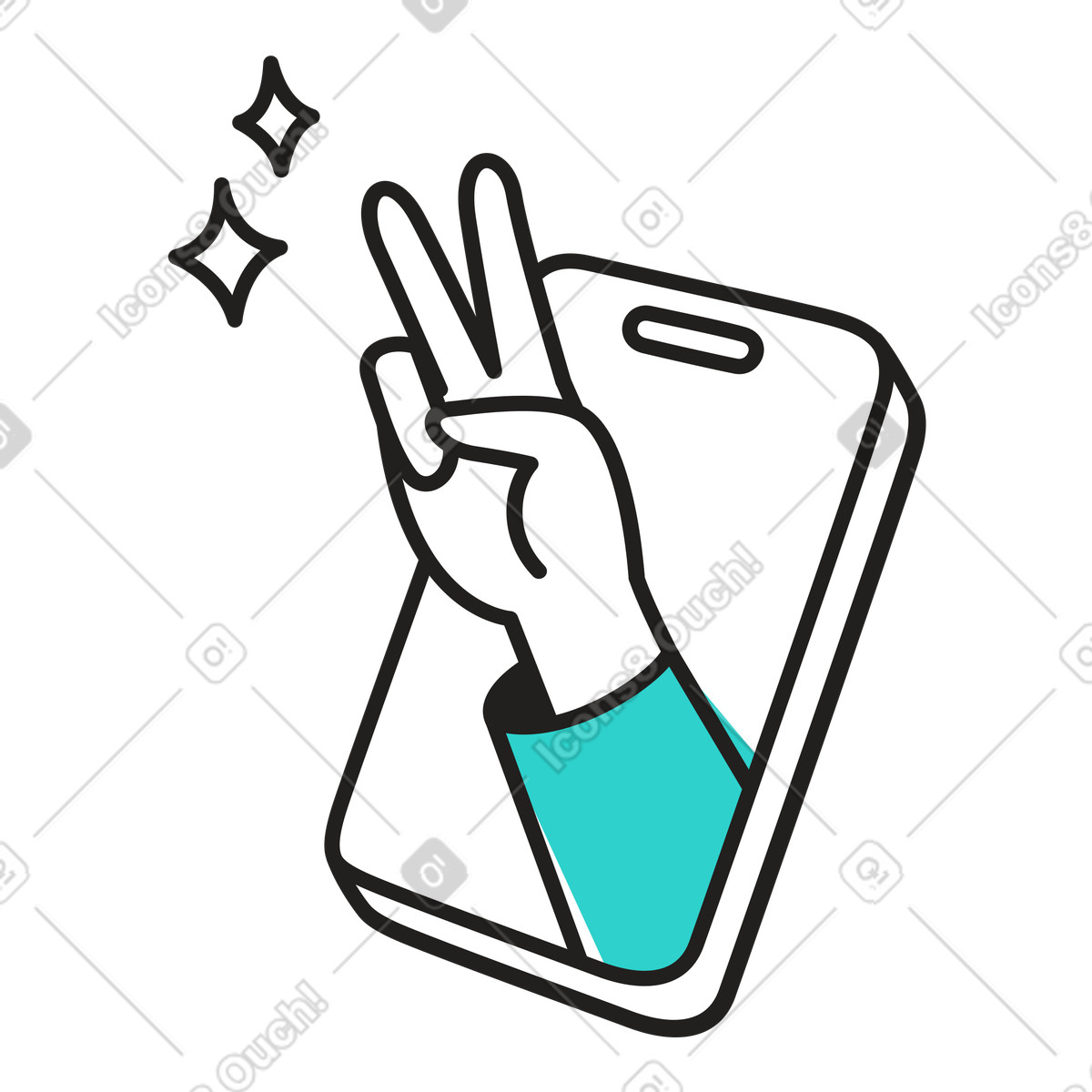 Illustration Main montrant le signe de la victoire depuis un smartphone dans style Little à télécharger aux formats PNG, SVG