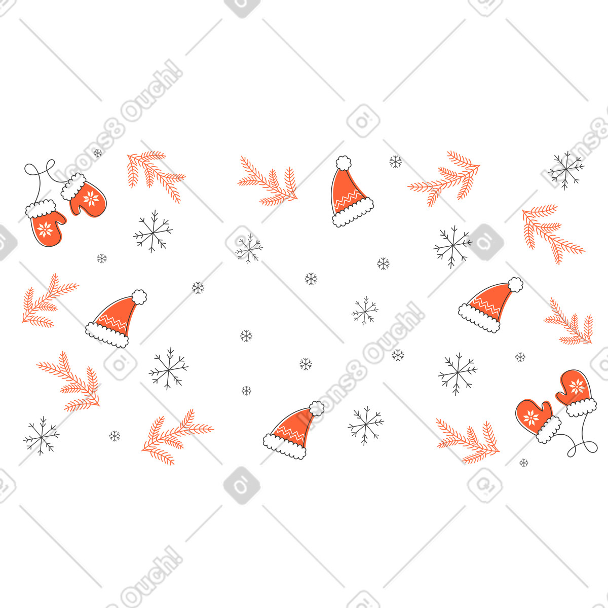 Santa hats and mittens with snowflakes, Christmas holiday background illustration in Crayon style download in PNG, SVG
