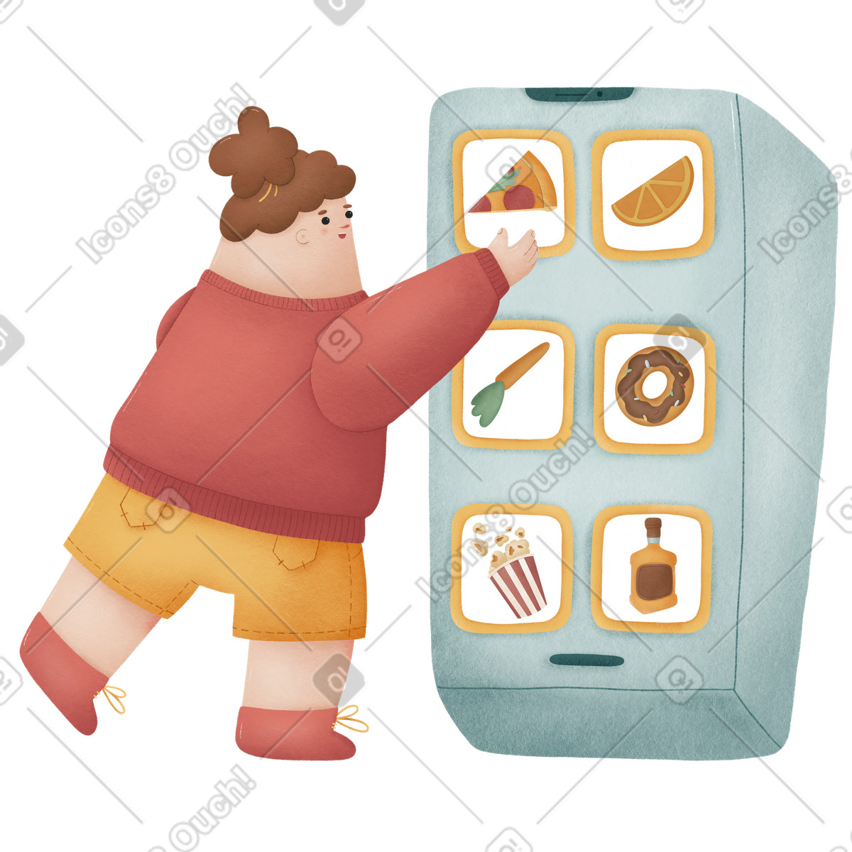 Woolly 스타일의 User selecting meal on phone screen, Mobile food delivery app 일러스트레이션 PNG, SVG 다운로드