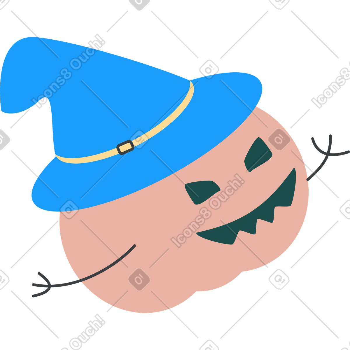 Ilustración Calabaza de halloween con un sombrero azul en estilo Kiddo a descargar en PNG y SVG
