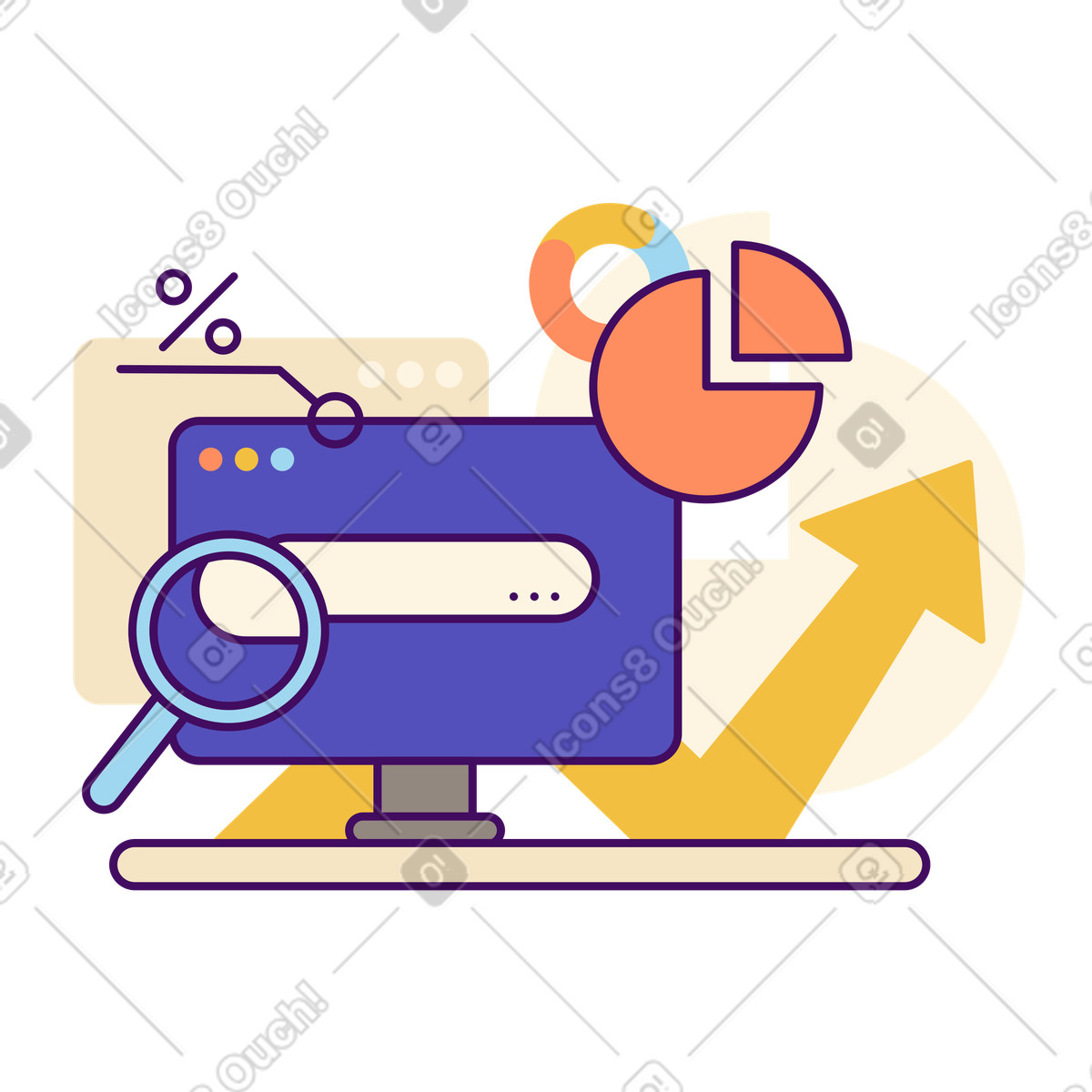 Computer monitor with charts and magnifying glass, Web analytics performance tracking animated illustration in Simplistic style download in GIF, Lottie (JSON), AE