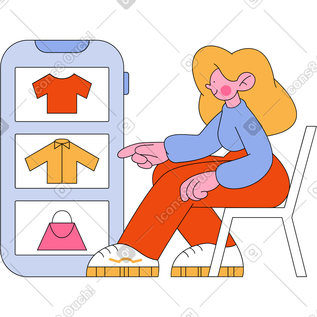 Bloom スタイルの カタログをスクロールする女性 のアニメーションイラストをGIF、Lottie (JSON)、AEでダウンロード