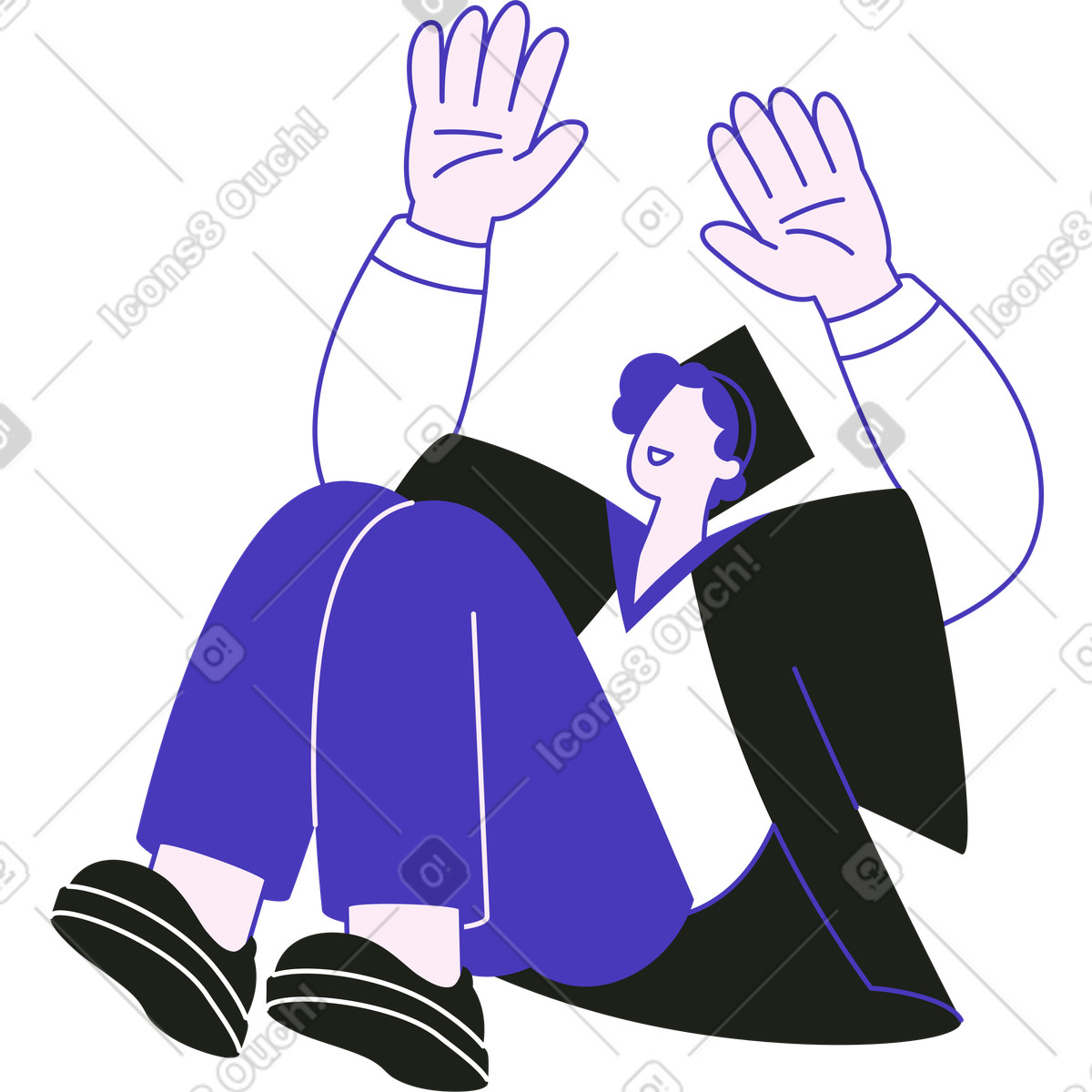 Man in graduation gown sliding down joyful celebration clipart illustration