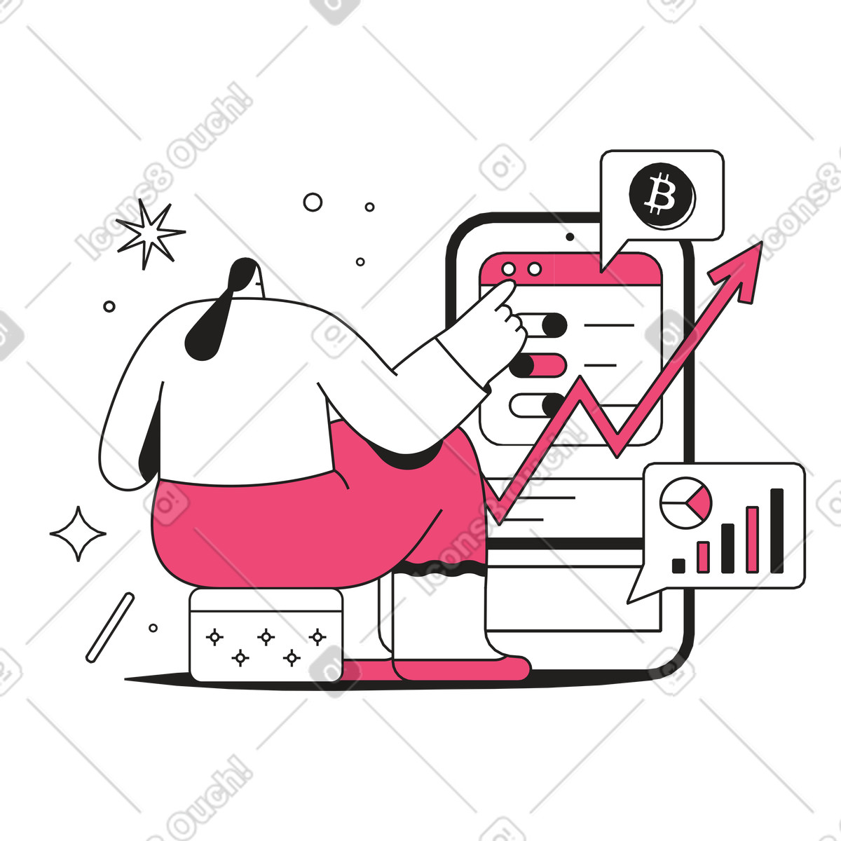 Investor analyzing crypto data on phone, Monitoring cryptocurrency investments illustration in Dazzle Line style download in PNG, SVG