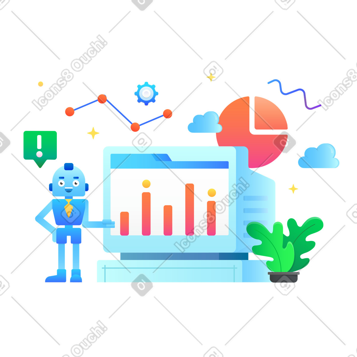 Robot showing presentation with graphics and charts illustration in Hugo style download in PNG, SVG