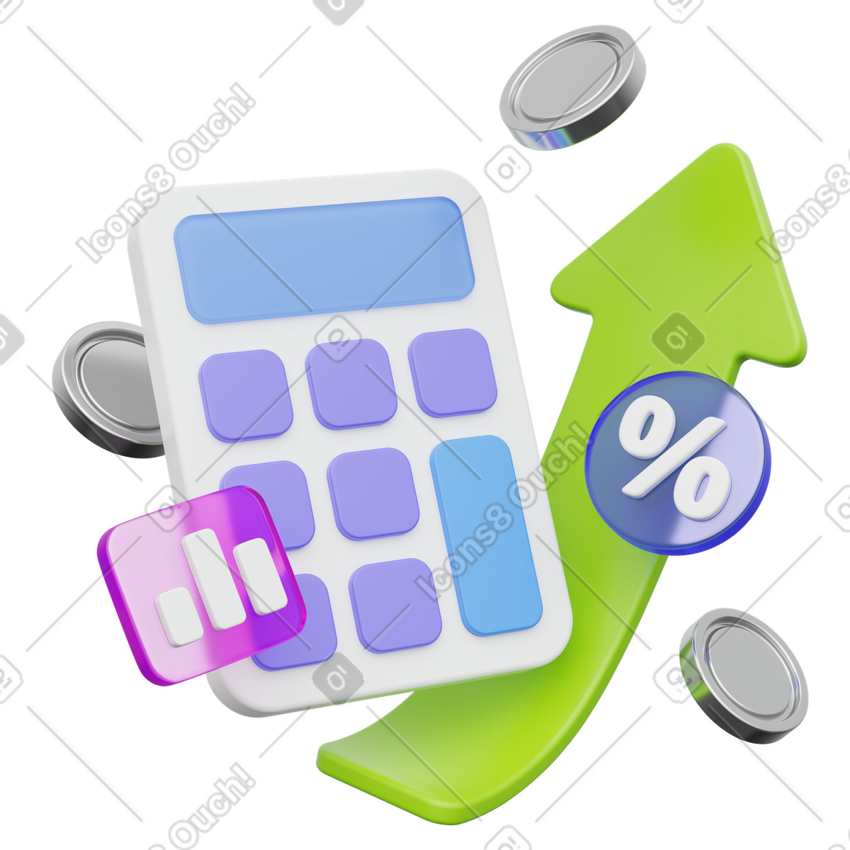 Ilustración Financial profit, business finance, calculator and growth arrow en estilo 3D Playful a descargar en PNG y SVG