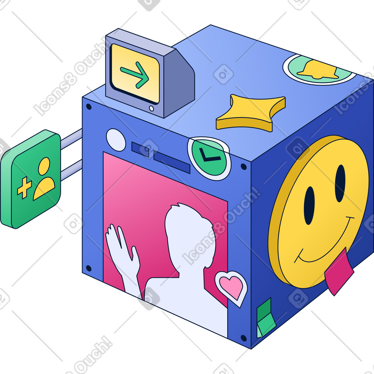 Social media post device with follow button and smiley illustration in Neat style download in PNG, SVG