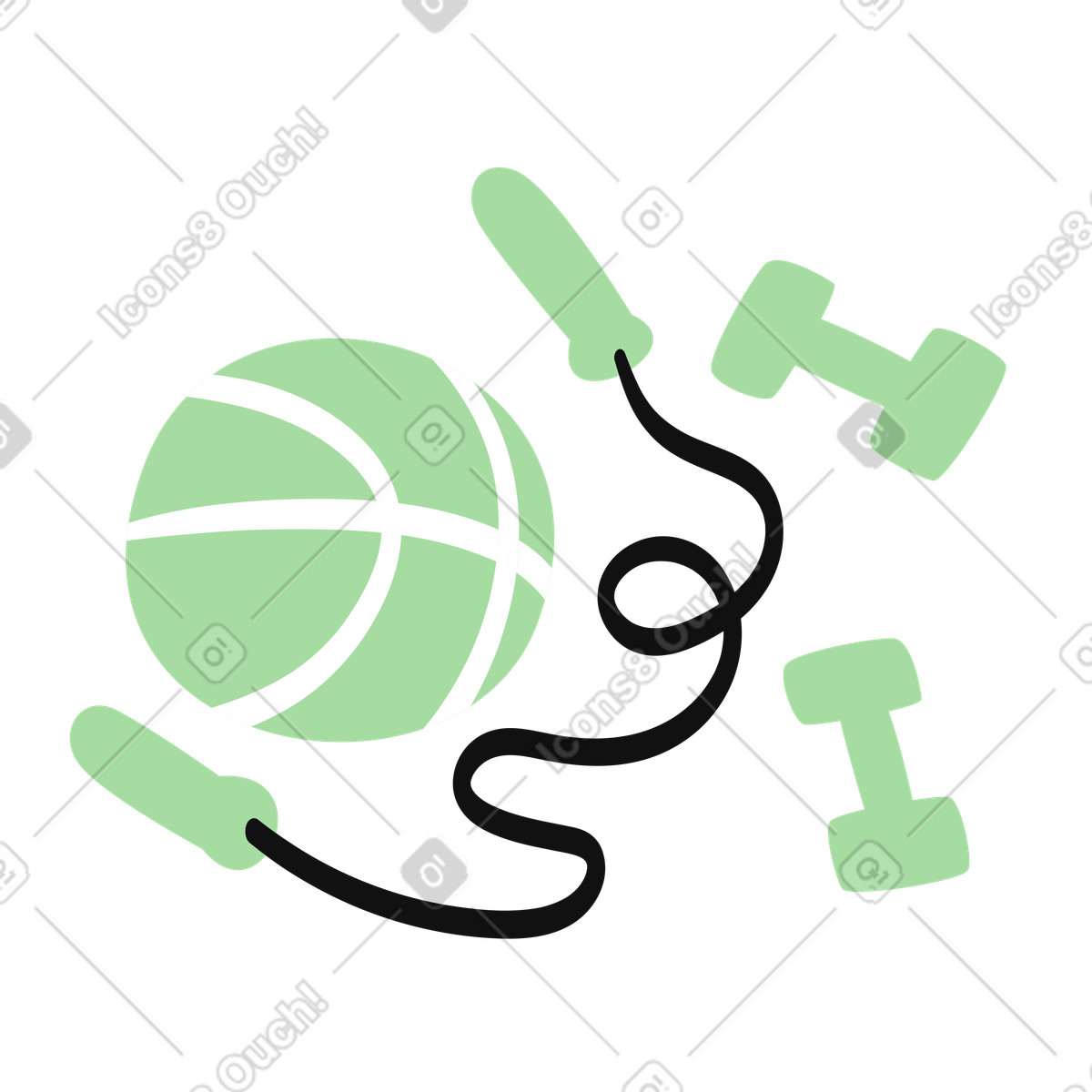 Ilustración Exercise basketball with dumbbells and skipping rope for sports activities en estilo Organic a descargar en PNG y SVG