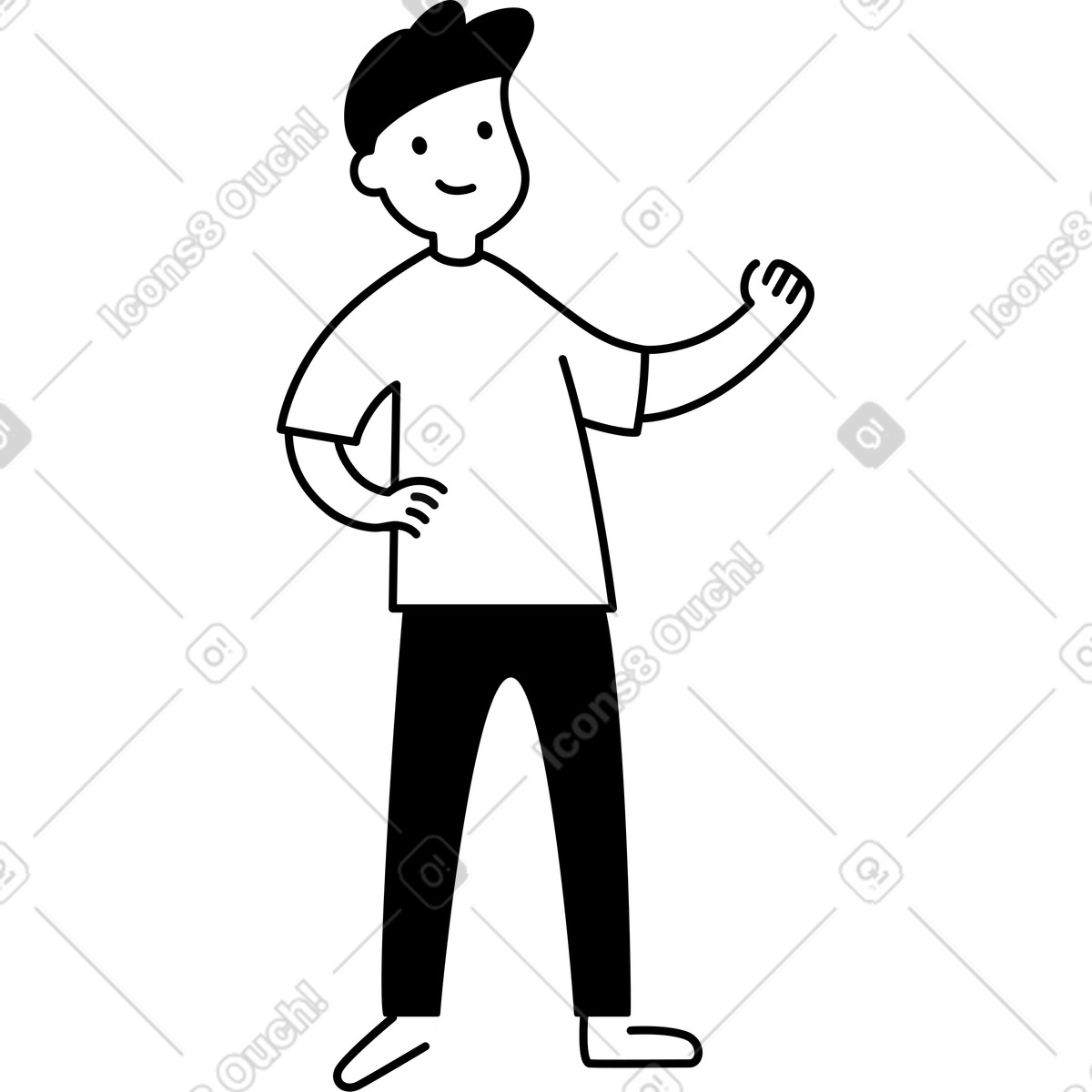 Character waving hand with smile and casual t shirt pose illustration in Notion Line Art style download in PNG, SVG