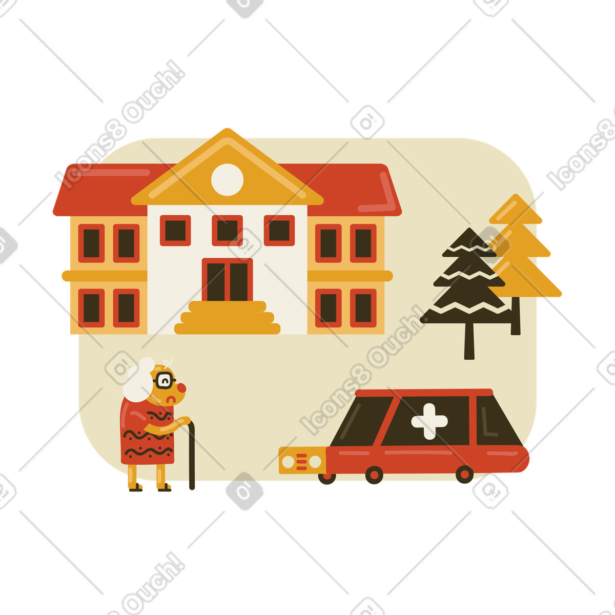 Elderly woman illustration featuring hospital and ambulance clipart collection in PNG, SVG, GIF