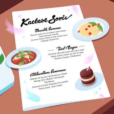 A restaurant menu is displayed on a wooden table. The menu features several dishes, each accompanied by flowing italicized descriptions that elegantly highlight the ingredients and preparation methods. The dishes include a colorful salad topped with fresh vegetables and a light vinaigrette, a beautifully plated pasta dish with a rich sauce, and a decadent dessert featuring layers of chocolate. Soft lighting enhances the inviting atmosphere, creating a warm and appetizing scene.