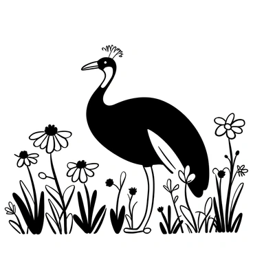 A cassowary walking through a field with various wildflowers. The bird has a large body, long legs, and a distinctive helmet-like crest on its head. The wildflowers include different shapes and sizes, creating a dense landscape. Some flowers are tall with thin stems, while others are short and bushy. The cassowary moves gracefully among the blooms, its feathers contrasting with the floral scenery. The scene is filled with the intricate details of the flowers and the unique posture of the cassowary.