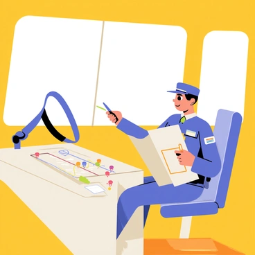 A bus driver wearing a blue uniform is sitting at the driver's seat of a yellow bus. The bus has large windows and a steering wheel in front of the driver. The driver is focused on a folded map in their hands, which is spread open on the dashboard. There are colorful route markers and lines on the map. A small notepad and a pen are placed next to the map on the dashboard. The interior of the bus is brightly lit, and the driver's expression shows concentration as they plan the next route.