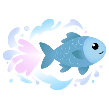 A fish is gliding through the night sky, leaving a radiant trail behind it like a comet's tail. The fish has shimmering scales that reflect the light from the stars surrounding it. The tail of the fish is illuminated, creating a vivid, glowing effect as it streaks across the dark blue canvas of the sky. The scene is filled with twinkling stars that enhance the magical atmosphere of this extraordinary journey.