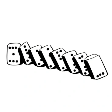 A row of black and white dominoes lined up in a straight formation, each one tipping over in a perfect succession. The first domino is slightly leaning forward, initiating the chain reaction. Each subsequent domino is positioned to fall toward the next, with a clear path of motion established. The background is minimal to emphasize the sequence of falling dominoes, capturing the precise moment of action and the clear alignment of cause and effect.