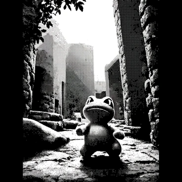 A Squirtle is standing on a moss-covered stone surface, surrounded by ancient stone ruins that display intricate carvings. The ruins are partially hidden beneath thick vines and lush greenery, creating a sense of mystery and exploration. Sunlight filters through the branches above, casting interesting shadows on the ground. The Squirtle has a curious expression as it gazes at the worn stones, highlighting its adventurous spirit. In the background, more crumbling structures can be seen, hinting at a once-great civilization.