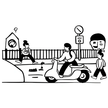A moped approaching a school zone, with the rider gripping the handlebars tightly. The moped shows visible motion lines to indicate it is slowing down. In the foreground, several children are crossing the street, some holding backpacks. There are road signs indicating a school zone and a speed limit. A fence lines the area, with trees providing a backdrop. The ground is depicted with asphalt textures and crosswalk markings.