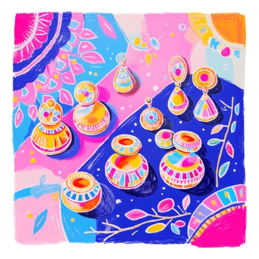 A painted canvas featuring colorful jhumka earrings surrounded by vibrant patterns.