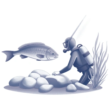A diver is positioned underwater, observing a barramundi. The fish is suspended gracefully, close to a dense cluster of seaweed that sways gently in the water current. Nearby, there are various rocks, creating a natural habitat around the barramundi. The diver's perspective captures the intricate details of the fish, the texture of the seaweed, and the rugged surface of the rocks, highlighting the underwater environment.