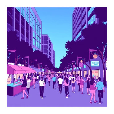 A vibrant downtown street in Orlando is illuminated by bright neon lights in various colors. The scene is filled with lively crowds of people walking and chatting, some stopping to take pictures. Tall buildings with large windows reflect the colorful lights, and a few street vendors are visible, selling snacks and drinks. Trees line the sides of the street, adorned with strings of lights, adding to the festive atmosphere. A blue sky is visible above, transitioning into twilight hues.