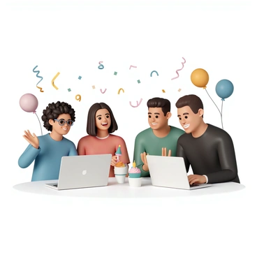 A group of four friends sitting around a table, each with a laptop open in front of them. One friend, a woman with curly hair wearing a blue sweater, is holding a cupcake with a lit candle. Another friend, a man with glasses and a green shirt, is smiling and waving at the camera. A third friend, a woman with long straight hair wearing a red dress, is laughing while holding a party hat. The fourth friend, a man with short hair wearing a black t-shirt, is clapping his hands in excitement. Colorful streamers and balloons are visible in the background, adding to the festive atmosphere.