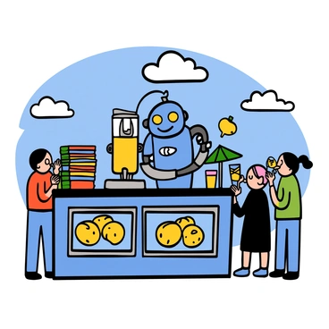 A futuristic lemonade stand featuring a sleek, shiny robot with blue metallic skin and glowing LED eyes. The robot is smiling and happily serving lemonade from a transparent dispenser filled with bright yellow liquid. The stand is adorned with neon lights and digital screens displaying vibrant images of lemons. There are colorful cups stacked on the counter, and a few small umbrellas beside them. The setting has a clear blue sky with a few fluffy clouds, and people in the background are enjoying their drinks while admiring the robot.