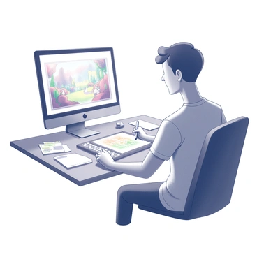 An animator sitting at a desk, focused on their work. The animator has a stylus in hand, drawing on a tablet connected to a computer displaying a vibrant storybook scene. The screen shows a colorful landscape with various characters, including animals and trees. The animator’s other hand rests on the keyboard, poised to execute commands. Various sketches and notes are scattered on the desk, and a soft glow from the computer illuminates the animator's face, highlighting their concentration and creativity.