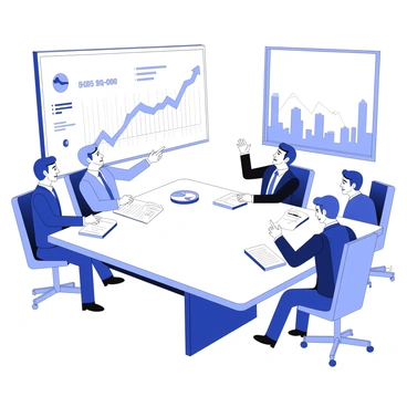 A group of officials is gathered around a large conference table, intensely discussing plans in response to an economic crisis. Each official is seated with papers and digital devices in front of them, showing graphs and charts related to economic data. One official is pointing at a projected screen displaying a downward trend in economic indicators. Another official is taking notes, while a third is gesturing animatedly, emphasizing the urgency of the situation. The expressions on their faces reflect concern and determination as they brainstorm strategies. A large window in the background allows for a view of a cityscape, hinting at the broader context of the economic challenge.