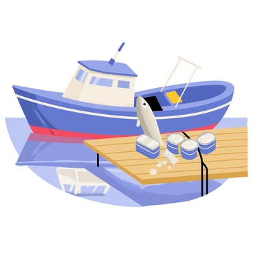 A small blue fishing boat is positioned at the edge of a dock, with its side partially lowered to unload freshly caught fish. Several silver fish are visible, glistening in the sunlight as they are transferred from the boat to the dock. Nearby, there are multiple open fish tins scattered on the wooden surface of the dock, showing some of the contents spilling out. The background features the calm water reflecting the boat and the dock, creating a lively fishing scene.
