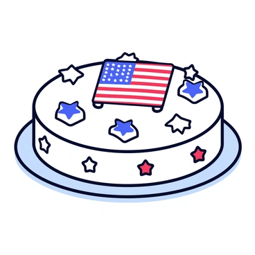 A round cake with white frosting and red, white, and blue decorations. The top of the cake features American flag motifs, including stars and stripes, artfully arranged. There are small edible decorations shaped like stars scattered around the edges. The cake is placed on a silver cake stand.