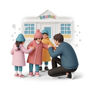 An ATSEM, a school assistant, is helping a group of children bundle up in winter coats and hats by a school entrance. The ATSEM, wearing a dark blue jacket and black pants, is kneeling down to assist a young boy who is putting on a bright red coat. The boy, with tousled brown hair, smiles as he pulls on his matching red hat. Nearby, a girl with long pigtails is zipping up her pink coat, while another child, wearing a yellow coat, is trying to put on a blue hat that is slightly too large. Snowflakes are gently falling around them, and the school building in the background has large windows and a colorful school sign above the entrance.