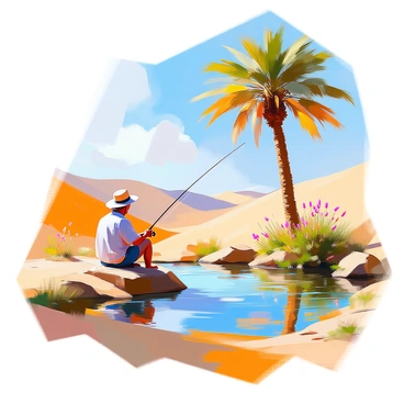 A desert oasis featuring a small, tranquil pond surrounded by lush greenery. A traveler with sun-kissed skin is sitting on the edge of the pond, focused intently on fishing. He is wearing a wide-brimmed hat to shield himself from the sun and a light-colored shirt for comfort. A tall palm tree stands nearby, its leaves casting dappled shadows on the ground. The shimmering water reflects the clear blue sky above, and there are a few wildflowers blossoming around the pond's edge. In the distance, rolling sand dunes are visible under the bright sunlight.